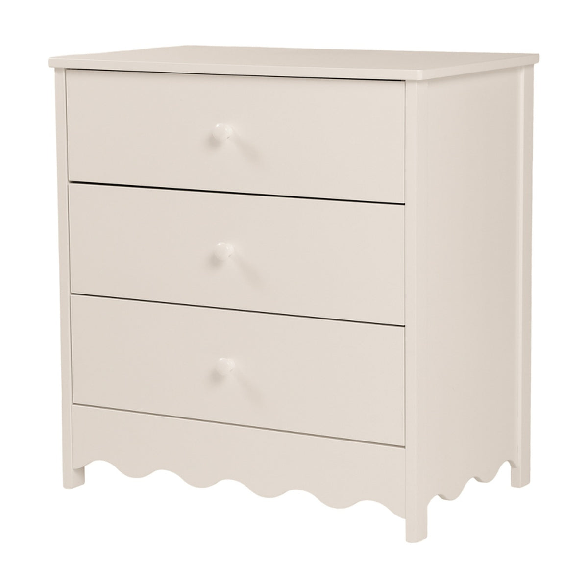 Dancer changing table with removable top in cashmere finish, MDF construction with three drawers on metal runners and a scalloped bottom edge, shown on a plain white background.