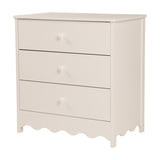 Dancer changing table with removable top in cashmere finish, MDF construction with three drawers on metal runners and a scalloped bottom edge, shown on a plain white background.