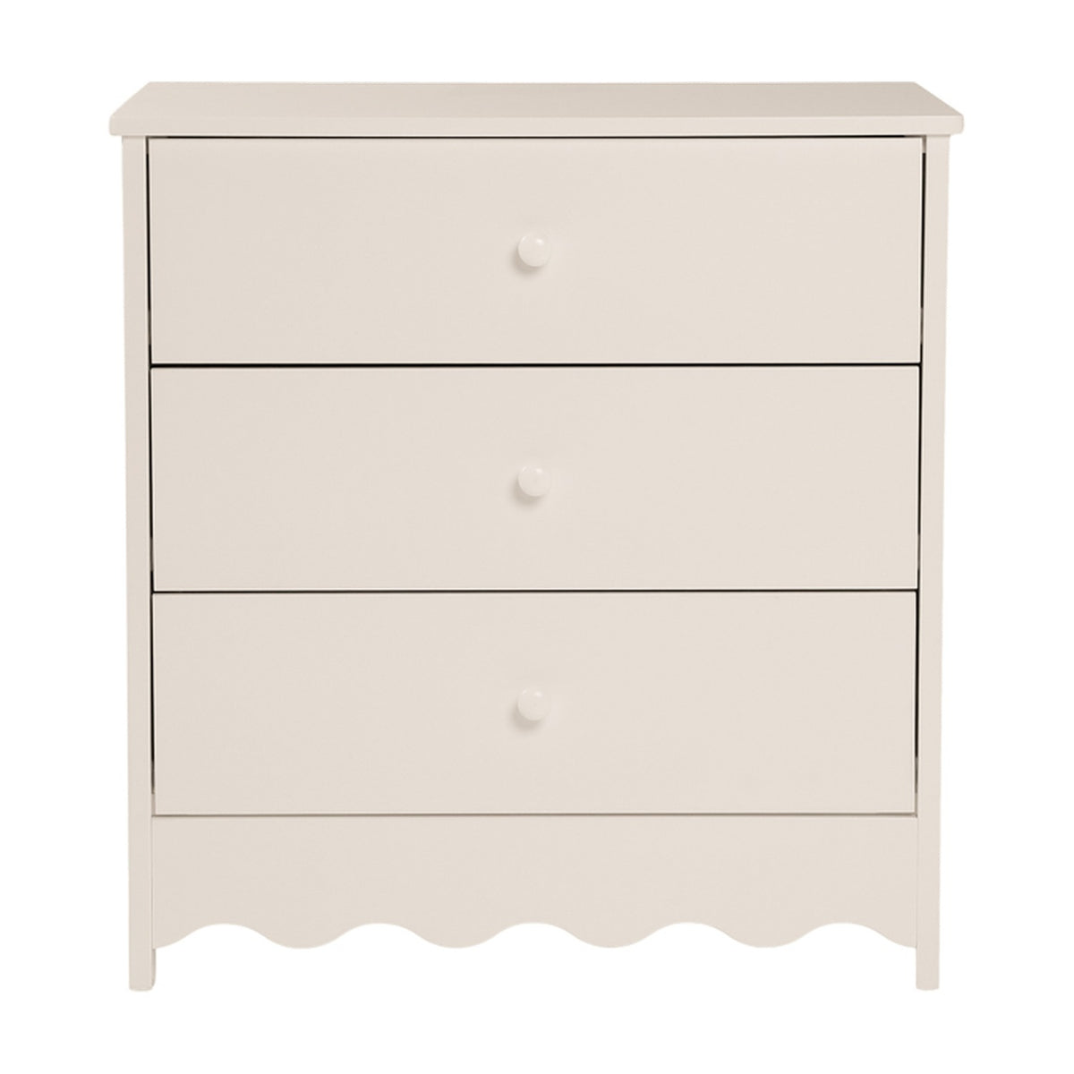 Dancer Changing Table with Drawers in cashmere, MDF with three deep drawers on metal runners and a scalloped bottom edge, shown against a plain white background.