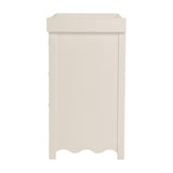 Side view of the Dancer changing table in cashmere, MDF cabinet with raised tray top, scalloped base edge, and metal drawer runners visible, on a plain white background.