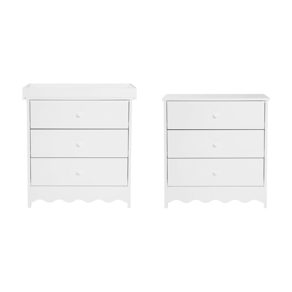 Dancer Changing Table in white MDF, shown with removable tray top and as a standalone three-drawer chest with metal runners and round knobs, on a plain white background.