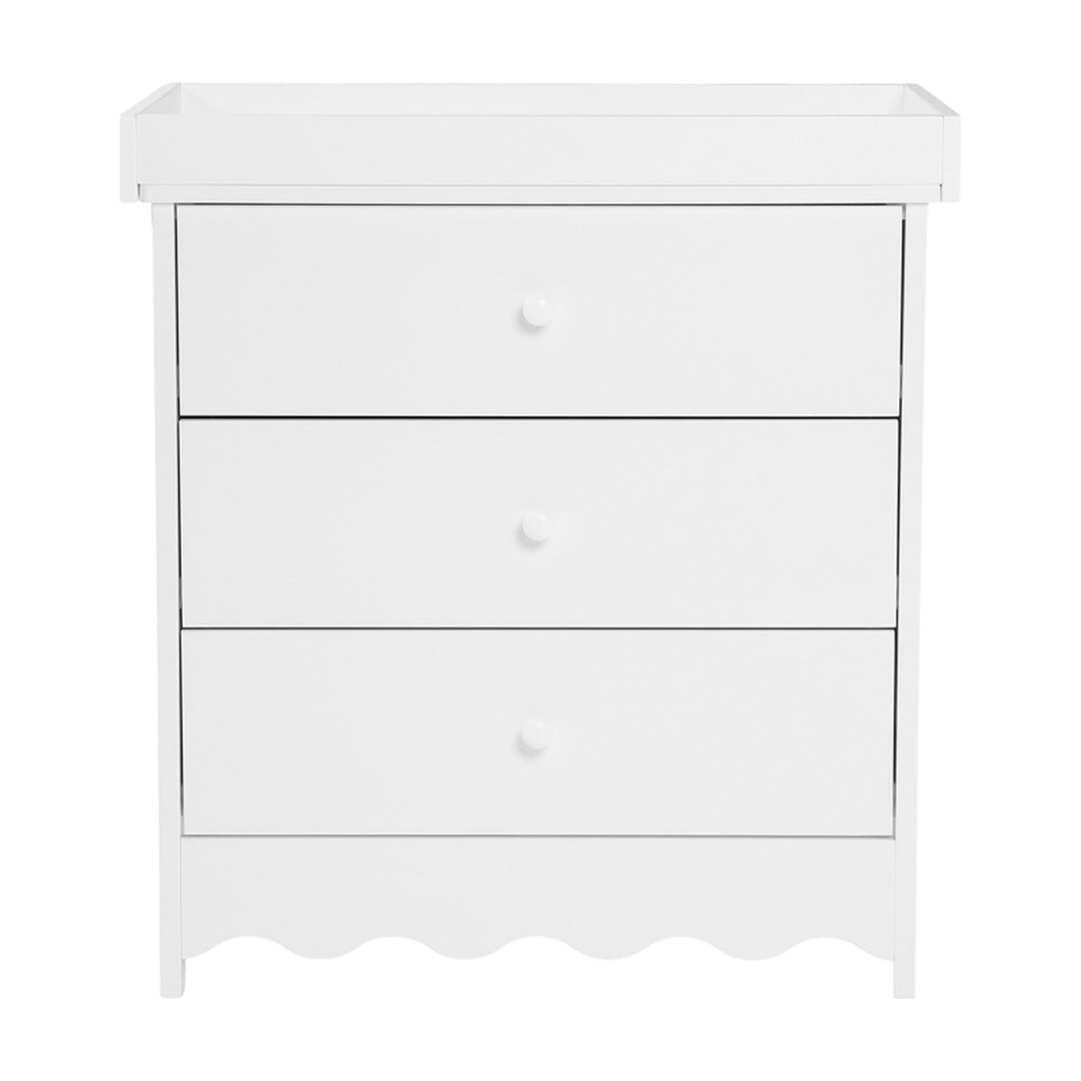 Dancer Changing Table with Drawers in white MDF, featuring a removable tray top, three drawers with round knobs and a scalloped base trim, shown on a plain white background.