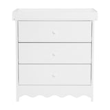 Dancer Changing Table with Drawers in white MDF, featuring a removable tray top, three drawers with round knobs and a scalloped base trim, shown on a plain white background.