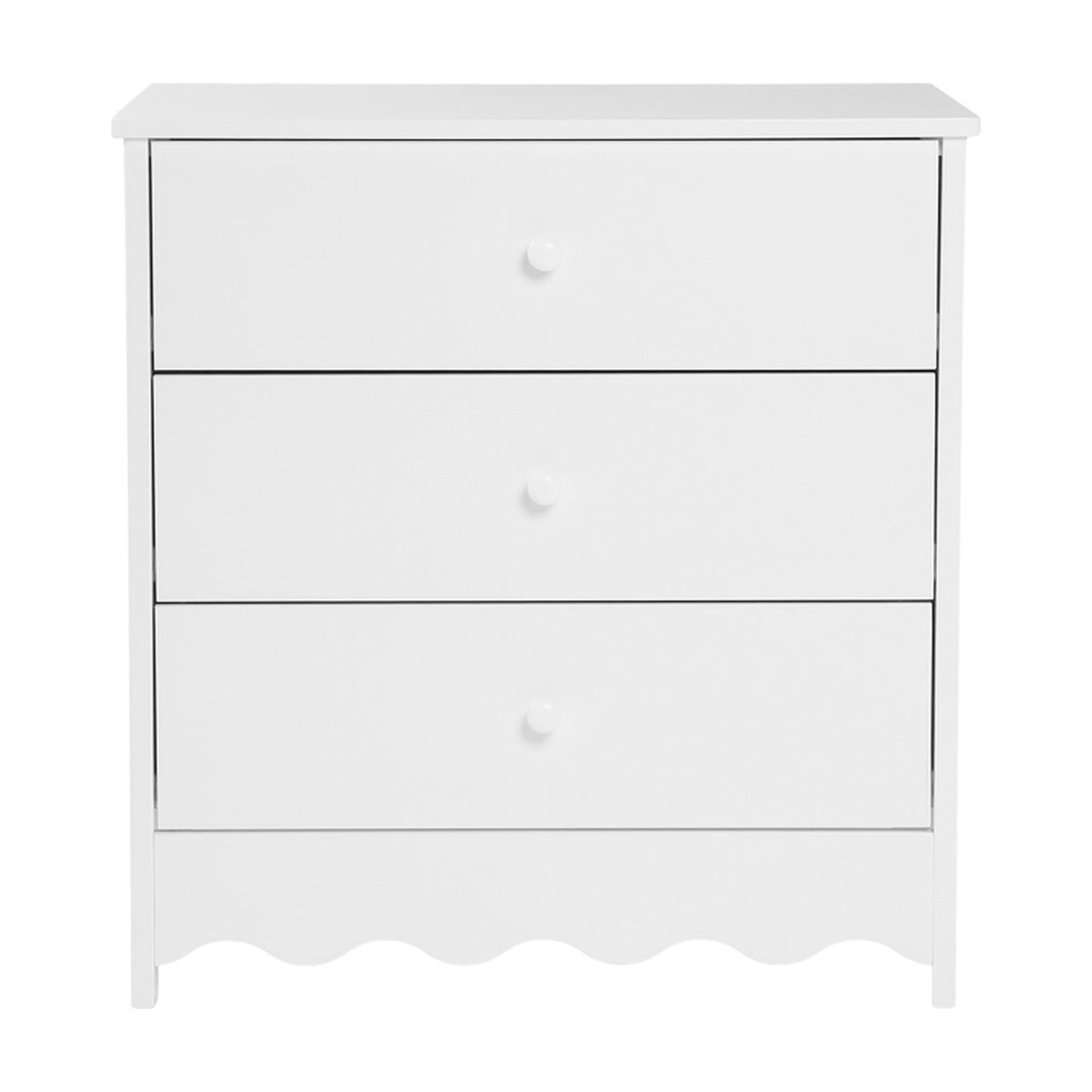 Dancer Changing Table with Drawers, white MDF chest with three drawers on metal runners and round knobs, scalloped base trim, shown on a plain white background.