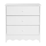 Dancer Changing Table with Drawers, white MDF chest with three drawers on metal runners and round knobs, scalloped base trim, shown on a plain white background.
