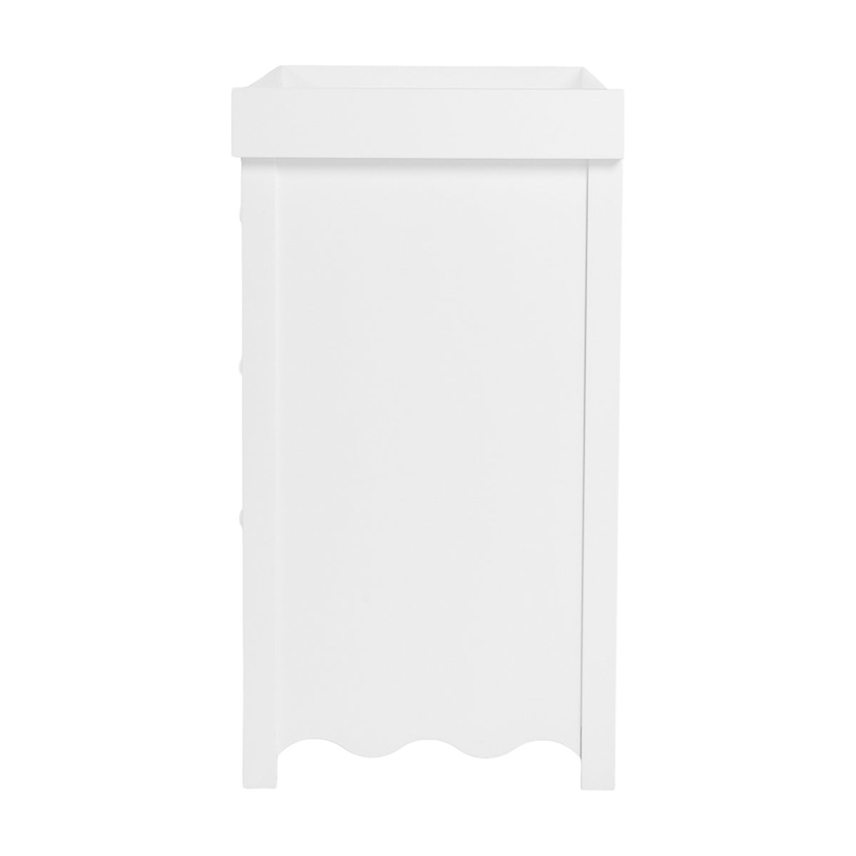 Side view of the Dancer Changing Table in white MDF, showing the removable top tray, tall cabinet body with scalloped base, and metal drawer runners, set against a plain background.