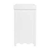 Side view of the Dancer Changing Table in white MDF, showing the removable top tray, tall cabinet body with scalloped base, and metal drawer runners, set against a plain background.
