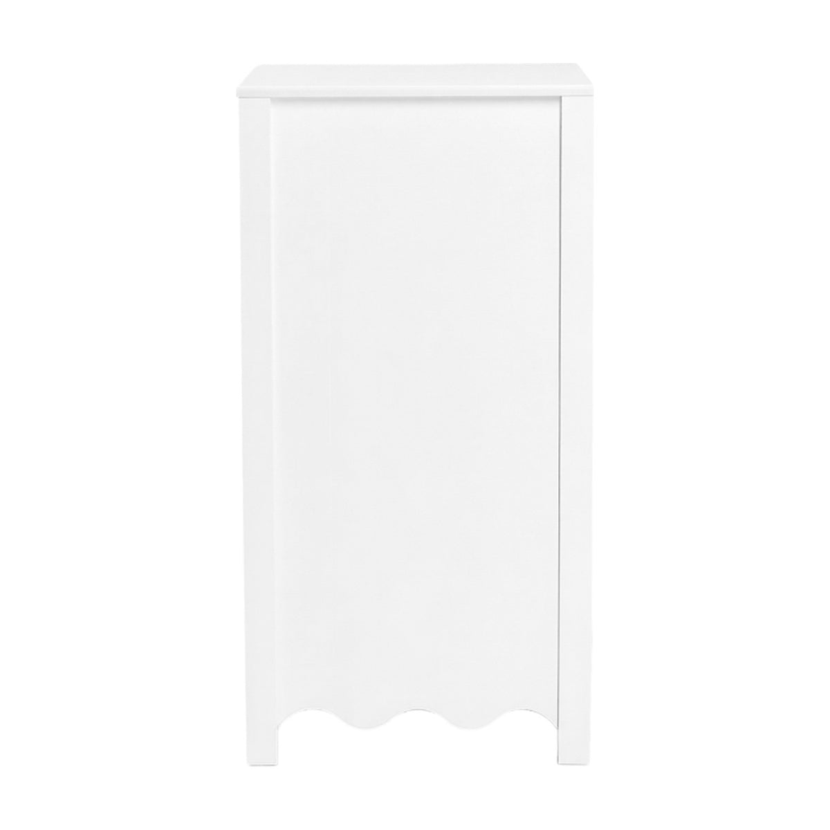 Side view of the Dancer Changing Table in white MDF, showing a scalloped base panel and slim profile on a plain background.