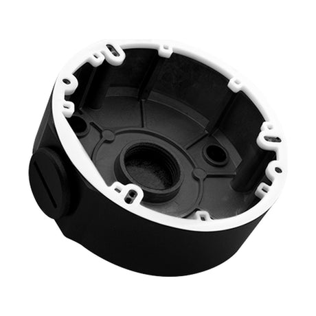 ESP deep base in black powder coated aluminium for dome and turret CCTV cameras, round mounting accessory with white trim and side cable entry.
