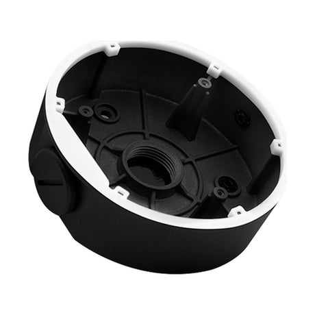 ESP Camera Deep Base in black powder coated aluminium, a round CCTV mounting accessory with white rim and threaded cable entry, on a plain background.