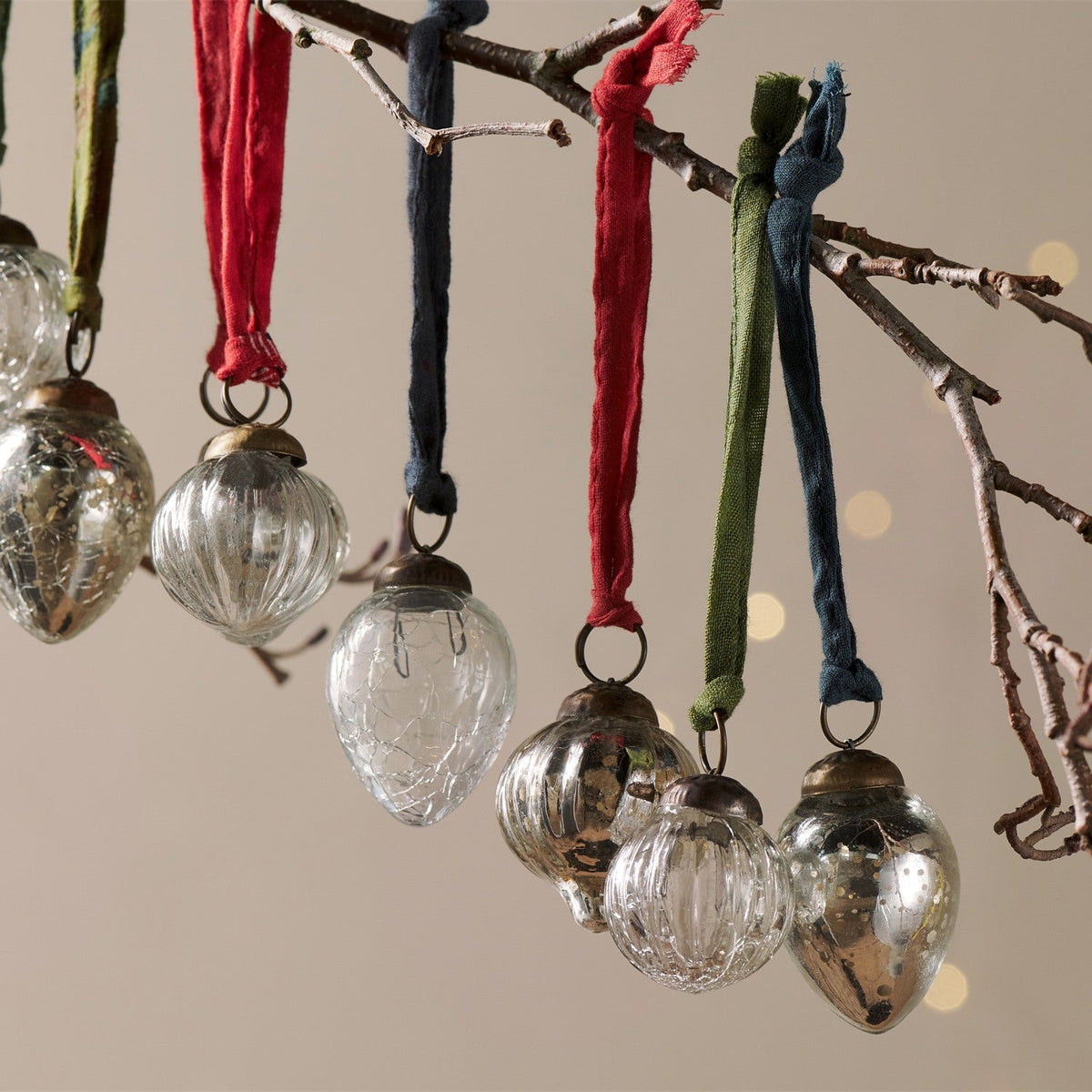 Dew Drop Glass Baubles - Silver & Clear - Set of 12