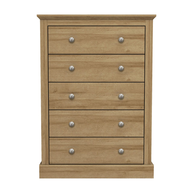 Devon 5 Drawer Chest of Drawers in oak-effect finish with round metal knobs and a plinth base, shown on a plain white background.