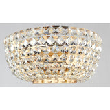 A close-up of the Basfor 2 Light Crystal Wall Light showcases its round, shallow bowl design with diamond-cut crystals. The warm light enhances the antique gold frame, adding an elegant and timeless charm.