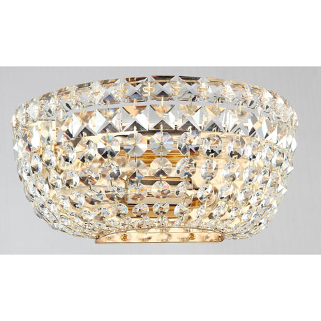 A close-up of the Basfor 2 Light Crystal Wall Light showcases its round, shallow bowl design with diamond-cut crystals. The warm light enhances the antique gold frame, adding an elegant and timeless charm.