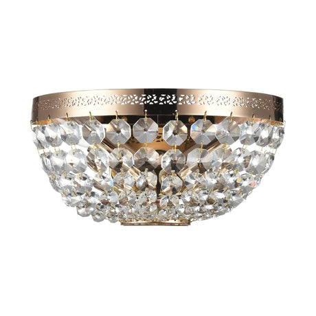 The Ottilia Antique Bowl Crystal Wall Light - Gold features a luxurious antique bowl shape with a gold-finished metal frame adorned with intricate patterns, complemented by multiple strands of faceted crystal drops offering an elegant and sparkling appearance.