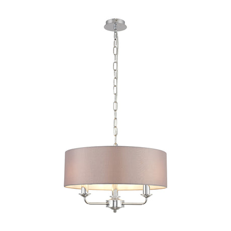 Banyan 3 Light E14 pendant light with a wide grey fabric drum shade, 45cm, on polished chrome arms and chain suspension, shown on a plain white background.