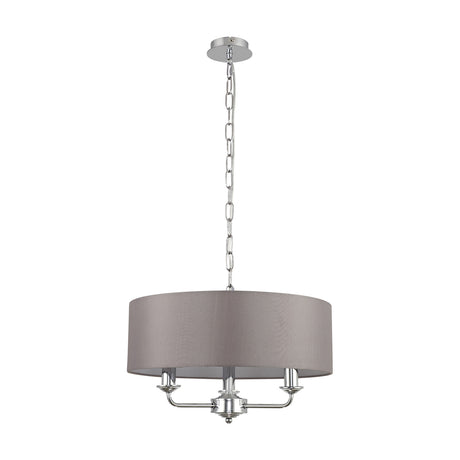 Banyan 3 Light E14 Iron Pendant Light with a grey drum shade and polished chrome chain and arms, shown on a plain white background.