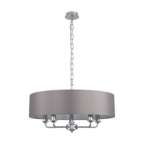 Banyan 5 Light E14 Pendant Light, 60cm grey faux silk drum shade with polished chrome arms and chain suspension, shown on a plain white background.