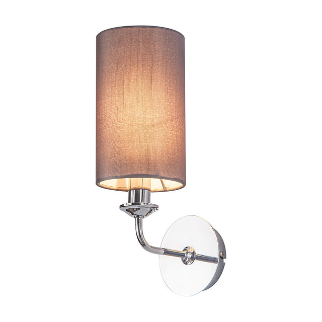 Banyan E14 wall light in polished chrome with a cylindrical grey faux silk shade, curved wall arm and round backplate, shown on a plain white background.