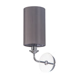 Banyan E14 wall light, 35.5cm high, with a cylindrical grey fabric shade on a polished chrome curved arm and round wall backplate, shown on a plain white background.
