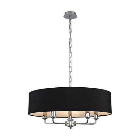 Banyan 5 Light E14 Pendant Light, 60cm black faux silk drum shade with white inner, polished chrome chain and five candle arms, shown on a white background.