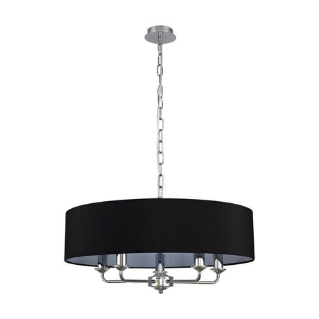 Banyan 5 Light E14 pendant light with a 60cm black fabric drum shade, polished chrome suspension chain and five candle arms, on a plain white background.