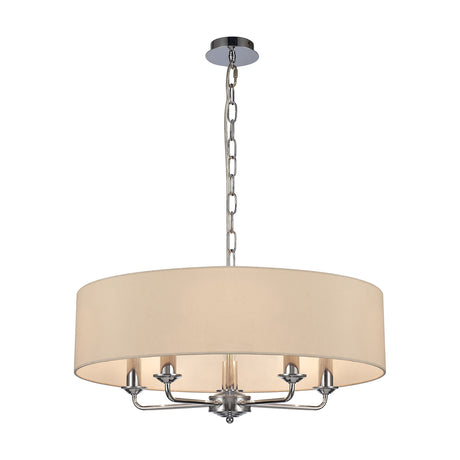 Banyan 5 Light Pendant, 60cm ivory pearl faux silk drum shade on a polished chrome frame with five curved arms and chain suspension, shown on a plain white background.