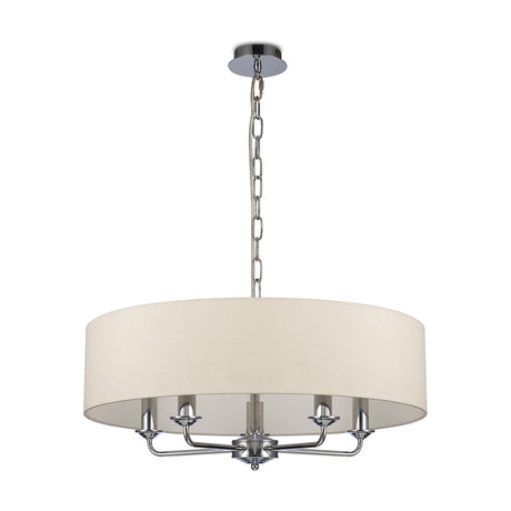 Banyan 5 Light Pendant with a 60cm ivory pearl drum shade and polished chrome ceiling plate, chain, and five curved arms, shown on a plain white background.