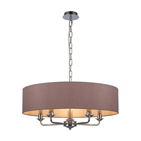 Banyan 5 Light E14 pendant light in polished chrome, 60cm taupe faux silk drum shade with gold lining, five curved arms, chrome ceiling rose and chain, plain white background.
