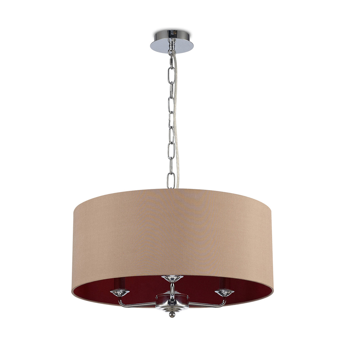 Banyan 3 Light Pendant, 50cm drum shade in antique gold with ruby-red lining, polished chrome chain and ceiling plate, shown on a plain white background.