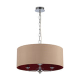 Banyan 3 Light Pendant, 50cm drum shade in antique gold with ruby-red lining, polished chrome chain and ceiling plate, shown on a plain white background.