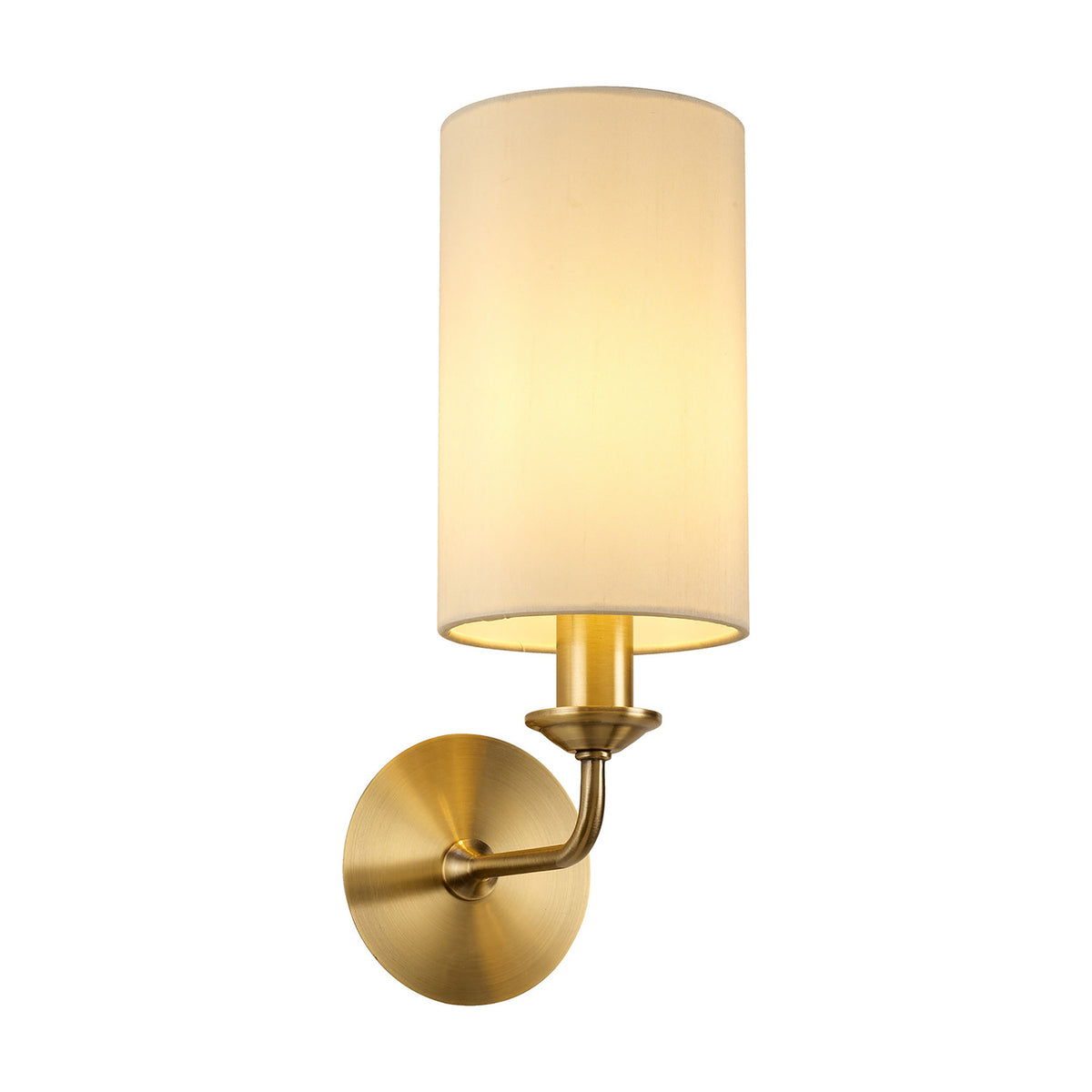 Banyan Wall Light in ivory pearl faux silk shade with antique brass body and curved arm, mounted on a round wall backplate against a plain white background.