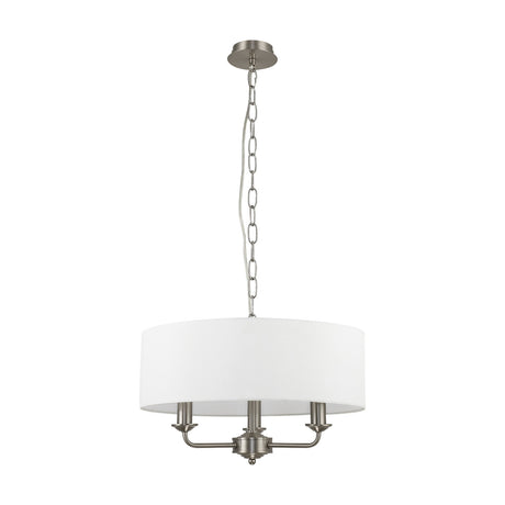Banyan 3 Light E14 Pendant Light in white with satin nickel fittings, featuring a 45cm wide drum shade on three arms suspended from a chain, shown on a plain white background.