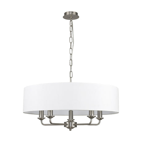 Banyan 5 Light E14 Pendant Light, satin nickel five-arm frame with candle-style fittings beneath a 60cm white fabric drum shade, suspended from a chain on a plain white background.