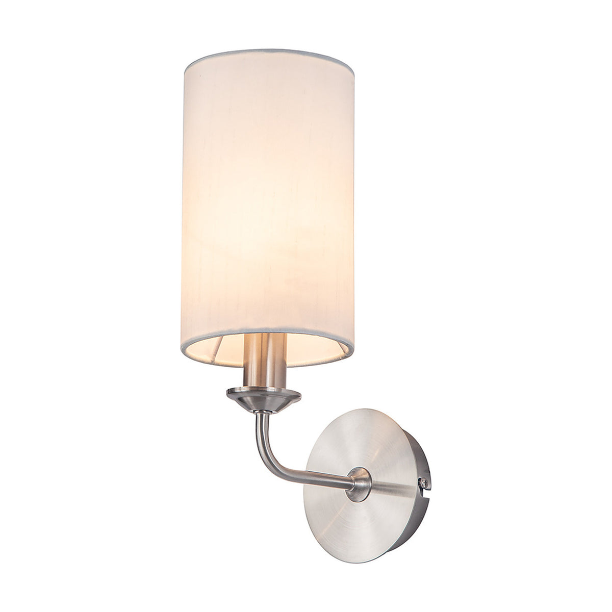 Banyan E14 wall light with a slim white faux silk drum shade on a satin nickel arm and round backplate with integrated switch, shown on a plain white background.