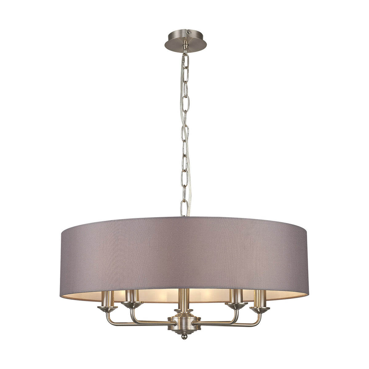 Banyan 5 Light E14 Pendant Light, a 60cm grey fabric drum shade on a satin nickel frame with five arms holding candle lamps, shown on a plain white background.