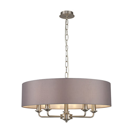 Banyan 5 Light E14 Pendant Light, a 60cm grey fabric drum shade on a satin nickel frame with five arms holding candle lamps, shown on a plain white background.