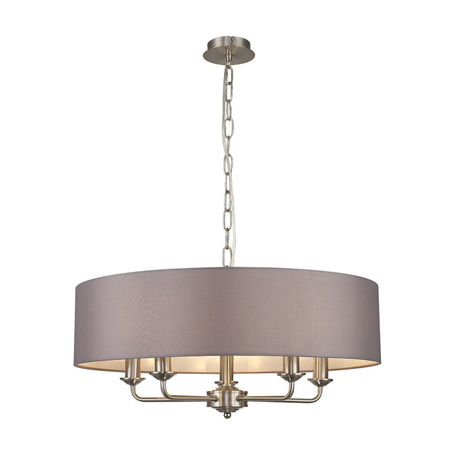 Banyan 5 Light E14 Pendant Light, a 60cm grey fabric drum shade on a satin nickel frame with five arms holding candle lamps, shown on a plain white background.