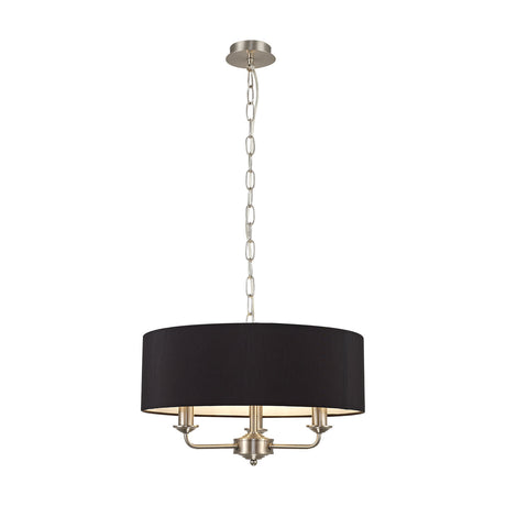 Banyan 3 Light E14 Pendant Light with a 45cm black faux silk drum shade on satin nickel arms and chain suspension, shown against a plain white background.