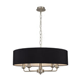 Banyan 5 Light E14 Pendant Light, 60cm black drum shade with white lining on satin nickel arms and chain suspension, shown on a plain white background.