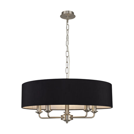 Banyan 5 Light E14 Pendant Light, 60cm black drum shade with white lining on satin nickel arms and chain suspension, shown on a plain white background.