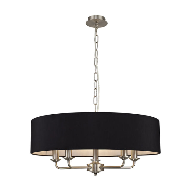 Banyan 5 Light E14 Pendant Light, 60cm black drum shade with white lining on satin nickel arms and chain suspension, shown on a plain white background.