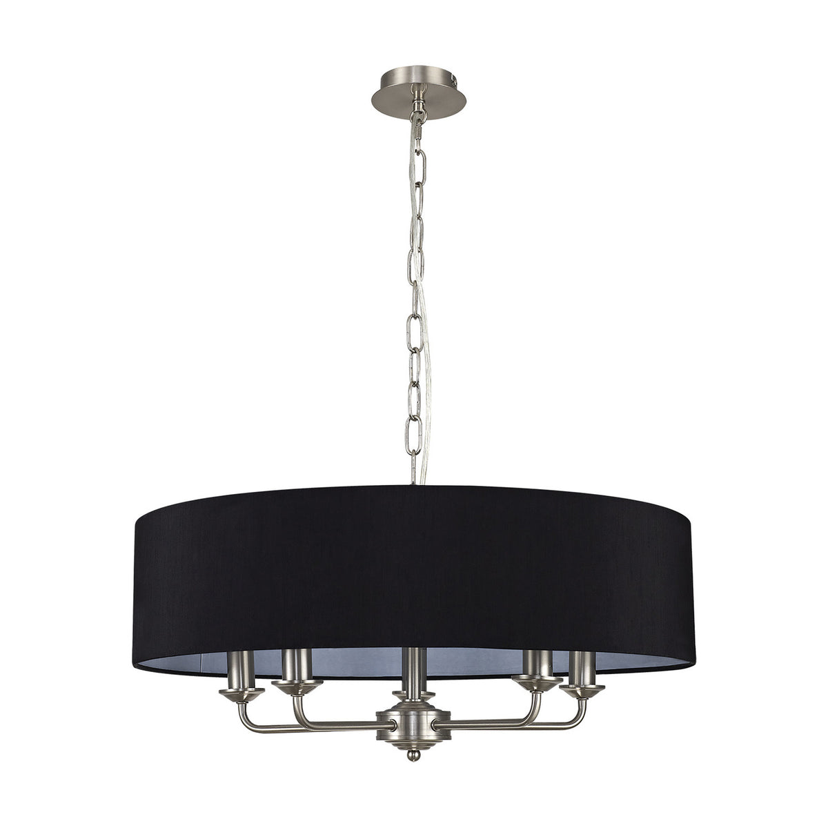 Banyan 5 Light E14 Pendant Light with a 60cm black faux silk drum shade on a satin nickel frame, five curved arms and chain suspension, shown on a plain white background.