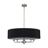 Banyan 5 Light E14 Pendant Light with a 60cm black faux silk drum shade on a satin nickel frame, five curved arms and chain suspension, shown on a plain white background.