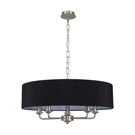 Banyan 5 Light E14 Pendant Light with a 60cm black faux silk drum shade on a satin nickel frame, five curved arms and chain suspension, shown on a plain white background.