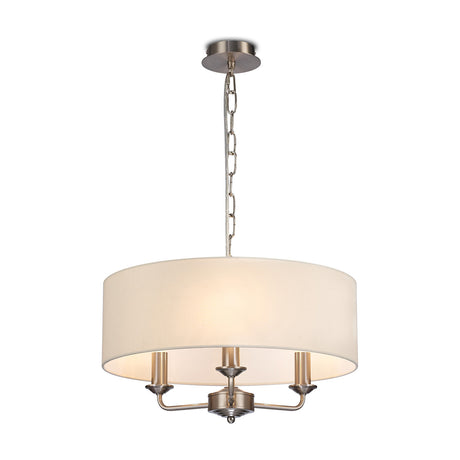 Banyan 3 Light E14 Pendant Light with satin nickel arms and chain, wide ivory pearl drum shade, 45cm, on a plain white background.