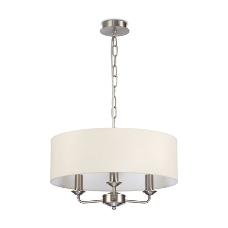 Banyan 3 Light E14 Pendant Light with wide ivory pearl drum shade on three satin nickel arms and chain suspension, shown on a plain white background.