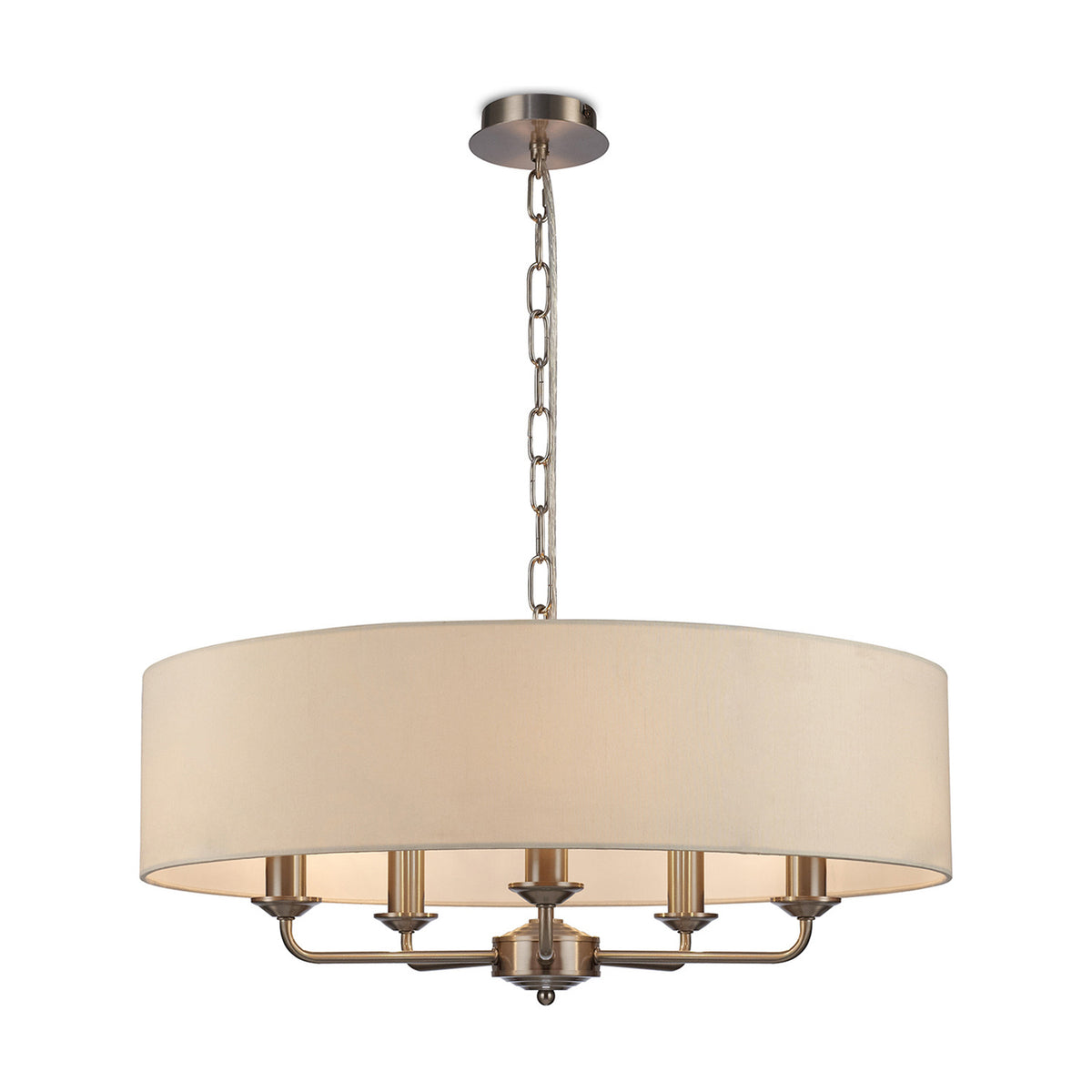 Banyan 5 Light E14 Pendant Light, a 60cm ivory pearl drum shade with satin nickel chain and five candle-style arms, shown on a plain white background.