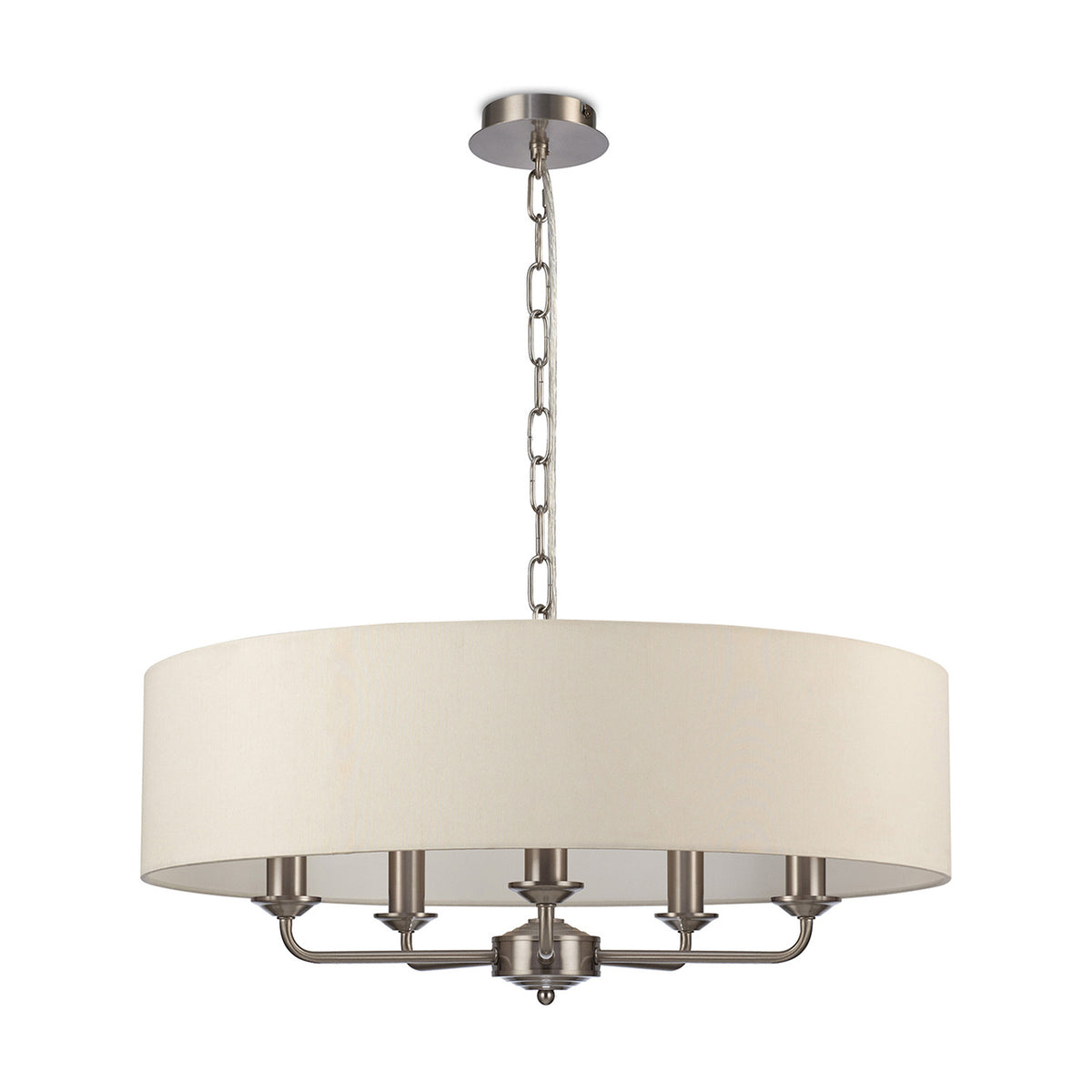 Banyan 5 Light E14 pendant light with a 60cm ivory pearl drum shade and five satin nickel candle arms, suspended from a chain on a plain white background.