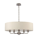 Banyan 5 Light E14 pendant light with a 60cm ivory pearl drum shade and five satin nickel candle arms, suspended from a chain on a plain white background.